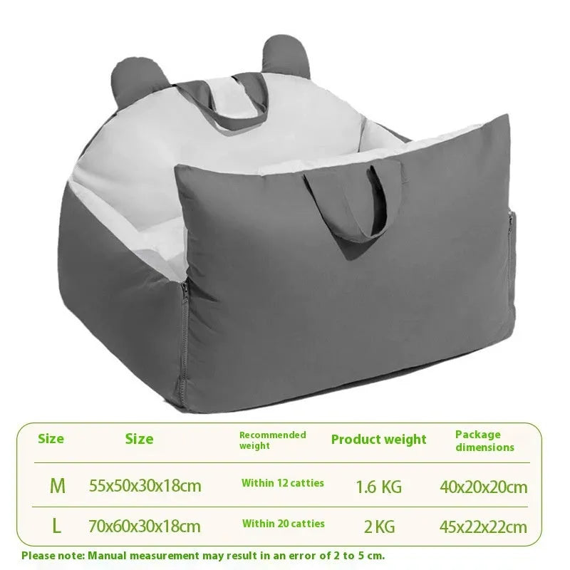 Removable washable dog car kennel in beige colour, shown in a vehicle boot with size dimensions labelled.