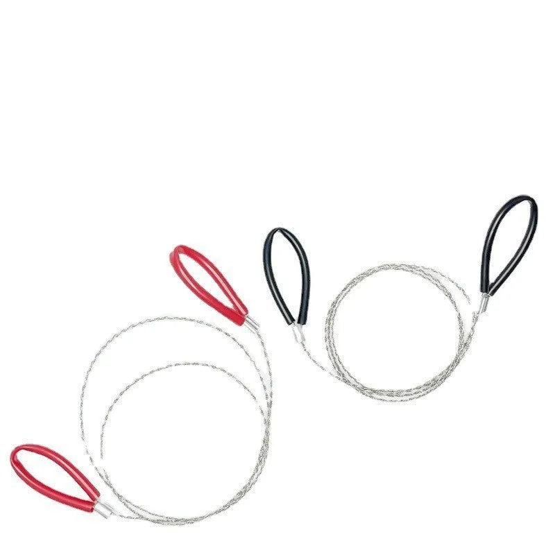 Black leather case containing stainless steel wire survival saw with red pull handles