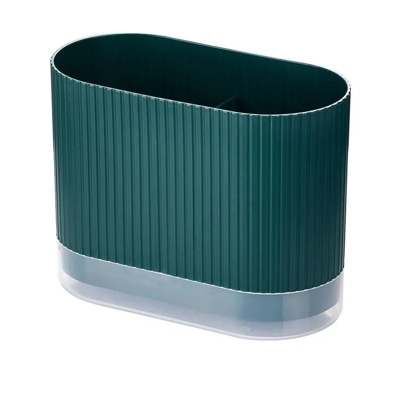 Plastic wall-mounted chopsticks tube and spoon basket organiser in beige, dark green, or orange.