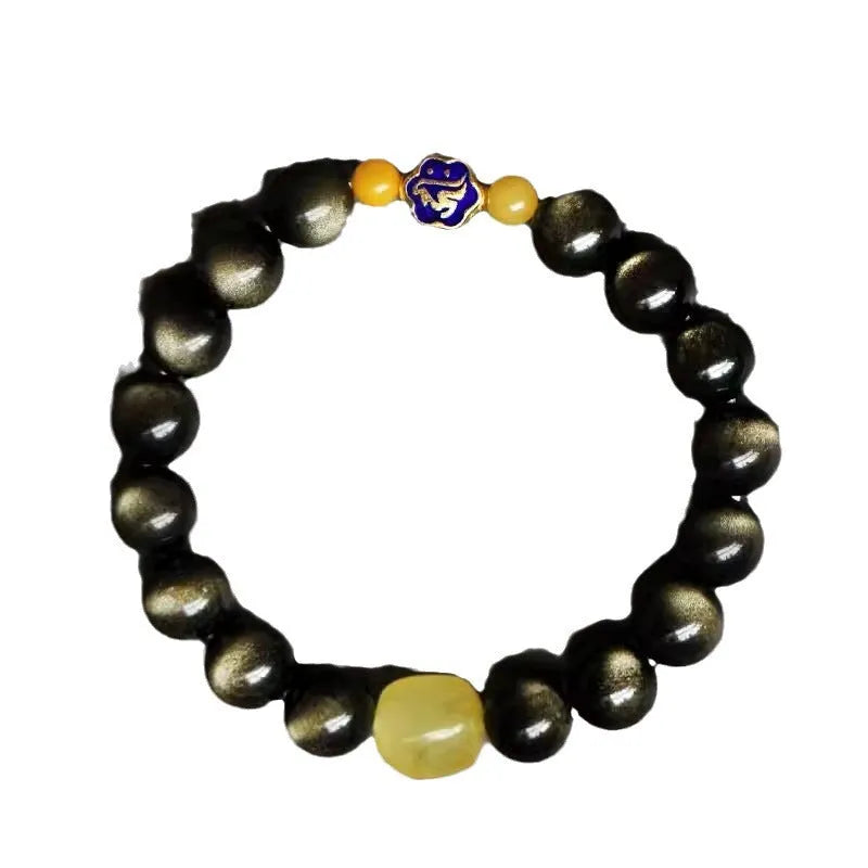 Natural golden obsidian ethnic style bracelet with 10mm geometric beads