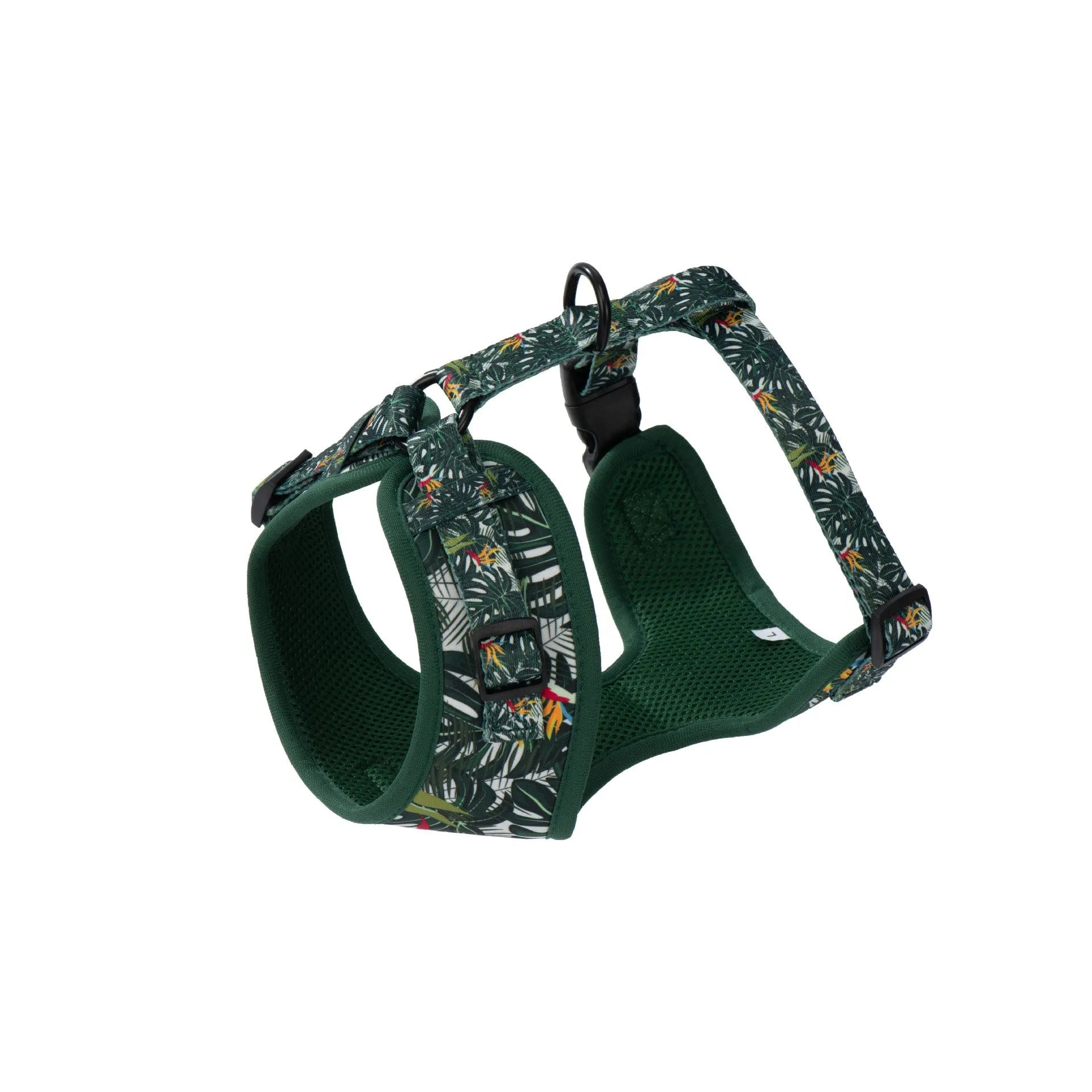 Adjustable cloth pet vest harness set with haulage rope, collar, waste bag, bow tie, and triangular scarf in six-piece package.