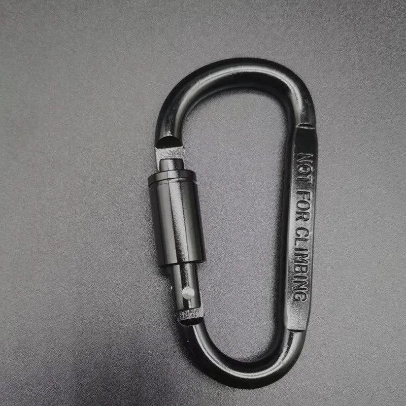 Aluminium D-type locking carabiner showing 8cm flat measurement in various colour options