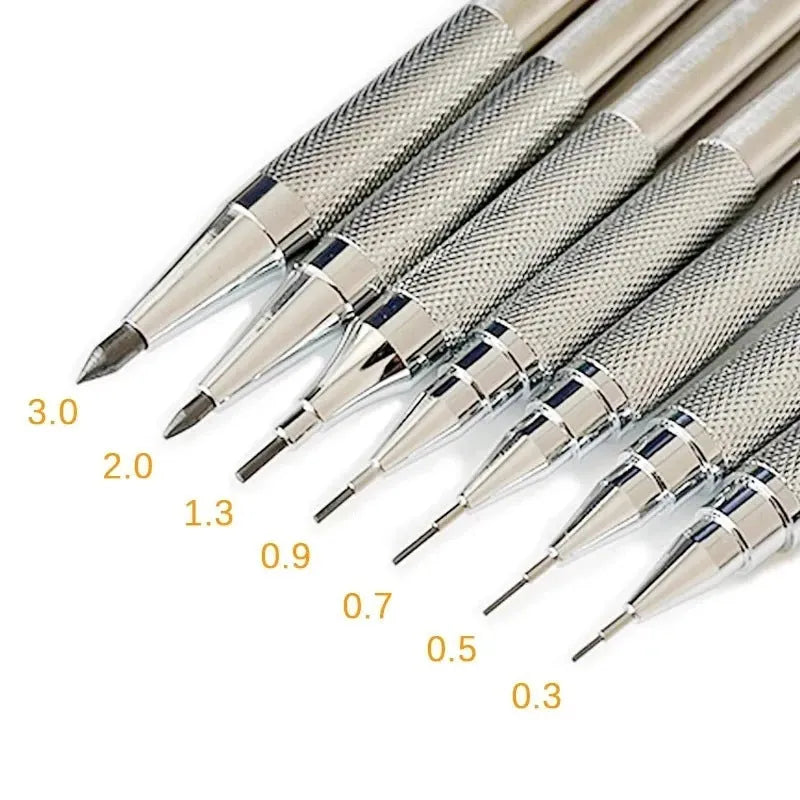 Metal automatic mechanical pencil shown with selection of compatible lead sizes including 0.5mm and 2.0mm.