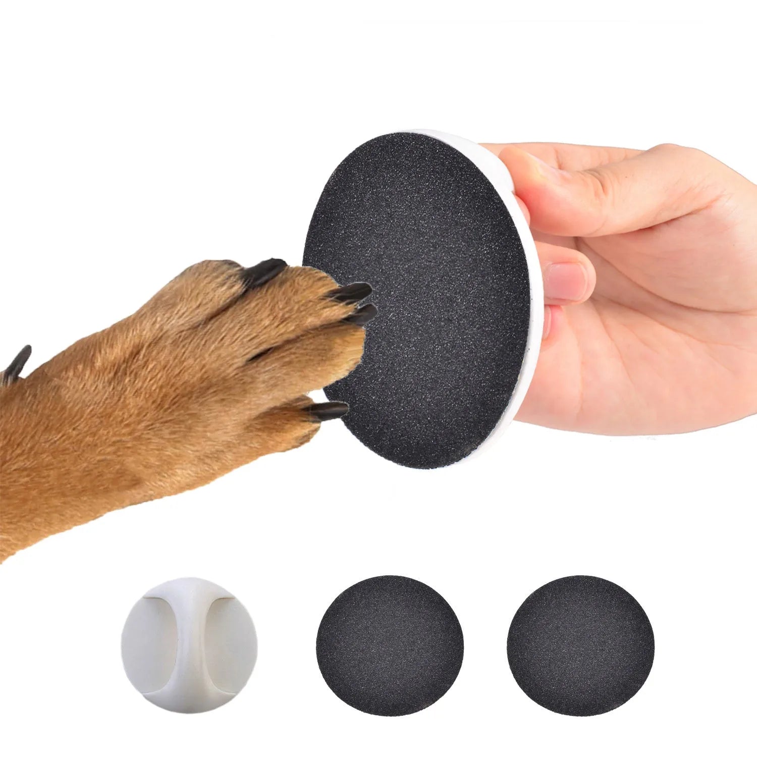Round dog nail scratch board with ergonomic handle in one of four colours.