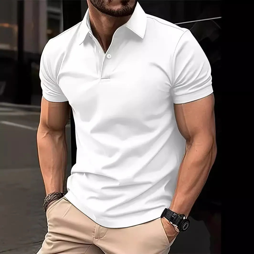 Men's slim fit cotton blend short sleeve button-up shirt in solid colour