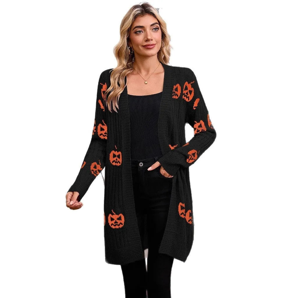Women's black Halloween cardigan with jacquard pumpkin pattern, straight cut with regular sleeves