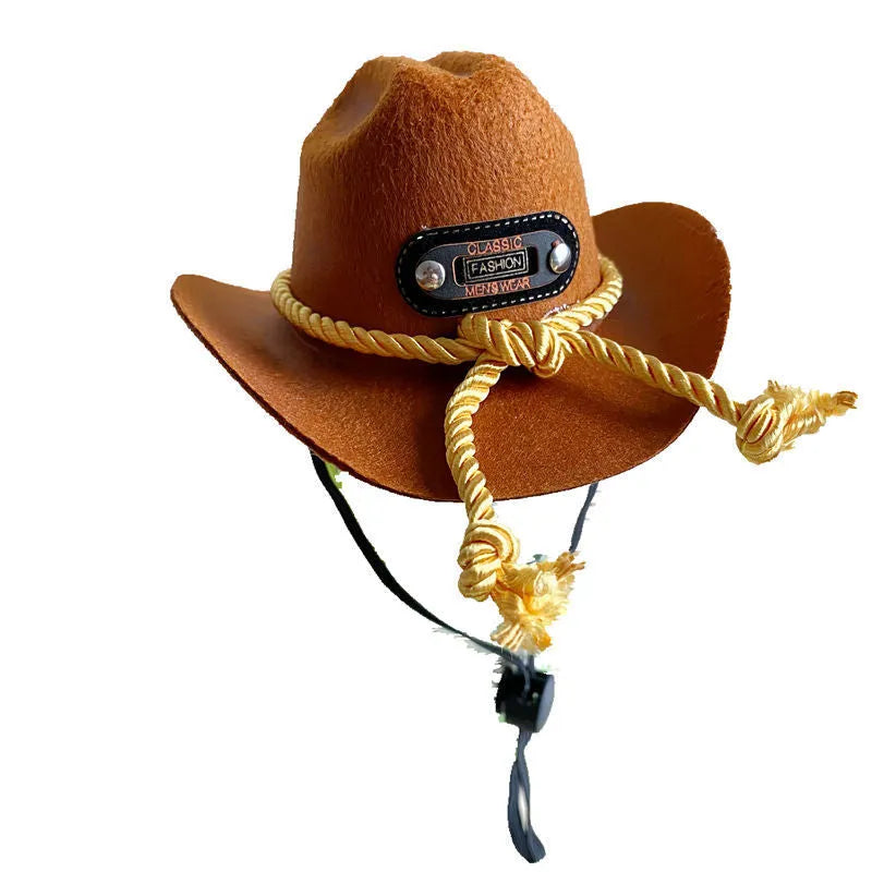British cowboy-style hat for a cat on a mannequin head, showing brown colour with a black ribbon trim.