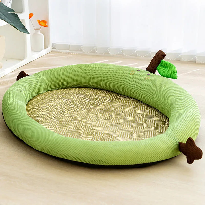 Green fruit-themed pet cooling mat nest with backrest for dogs and cats