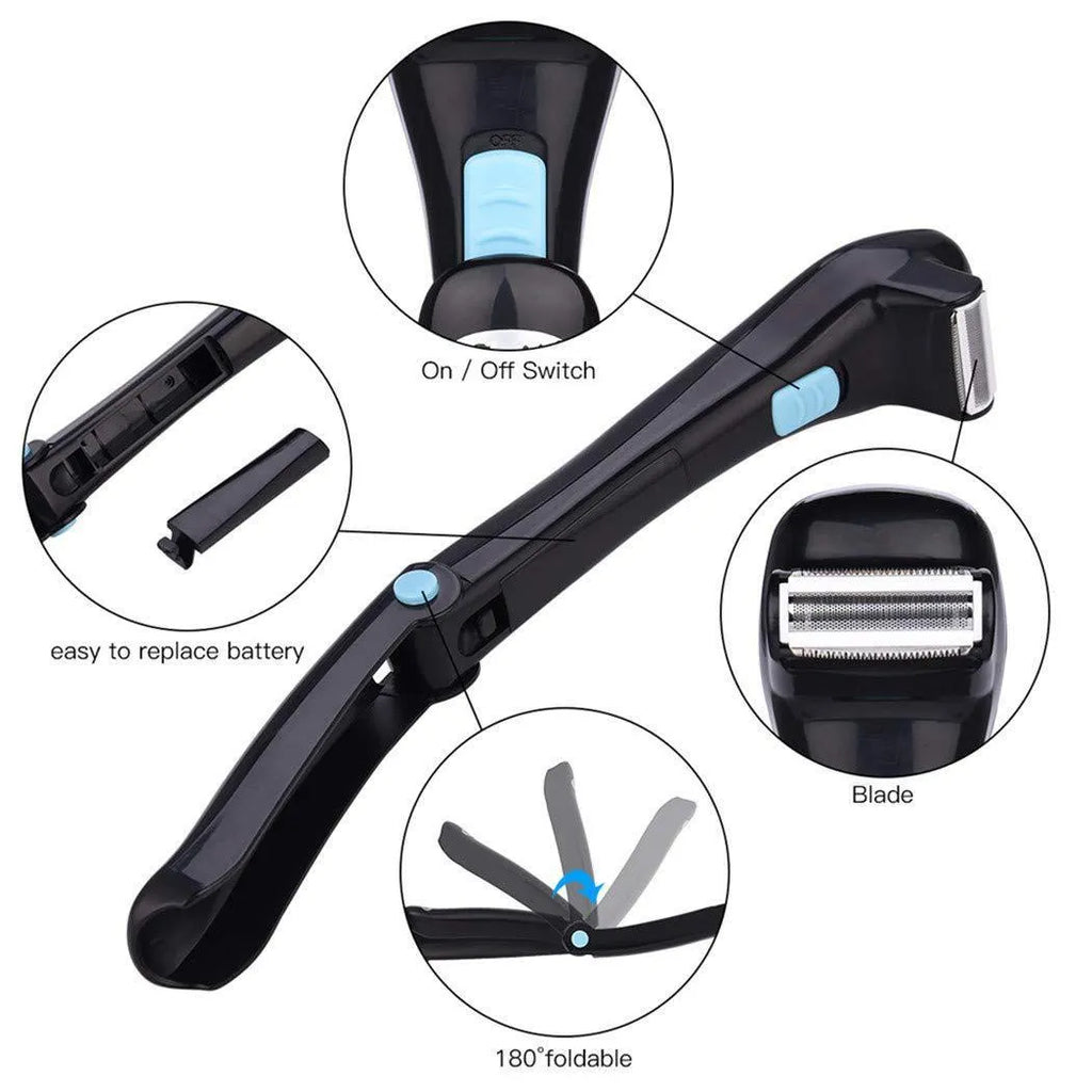 Black folding body electric shaver with dry battery compartment and hair removal head