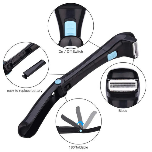 Black folding body electric shaver with dry battery compartment and hair removal head