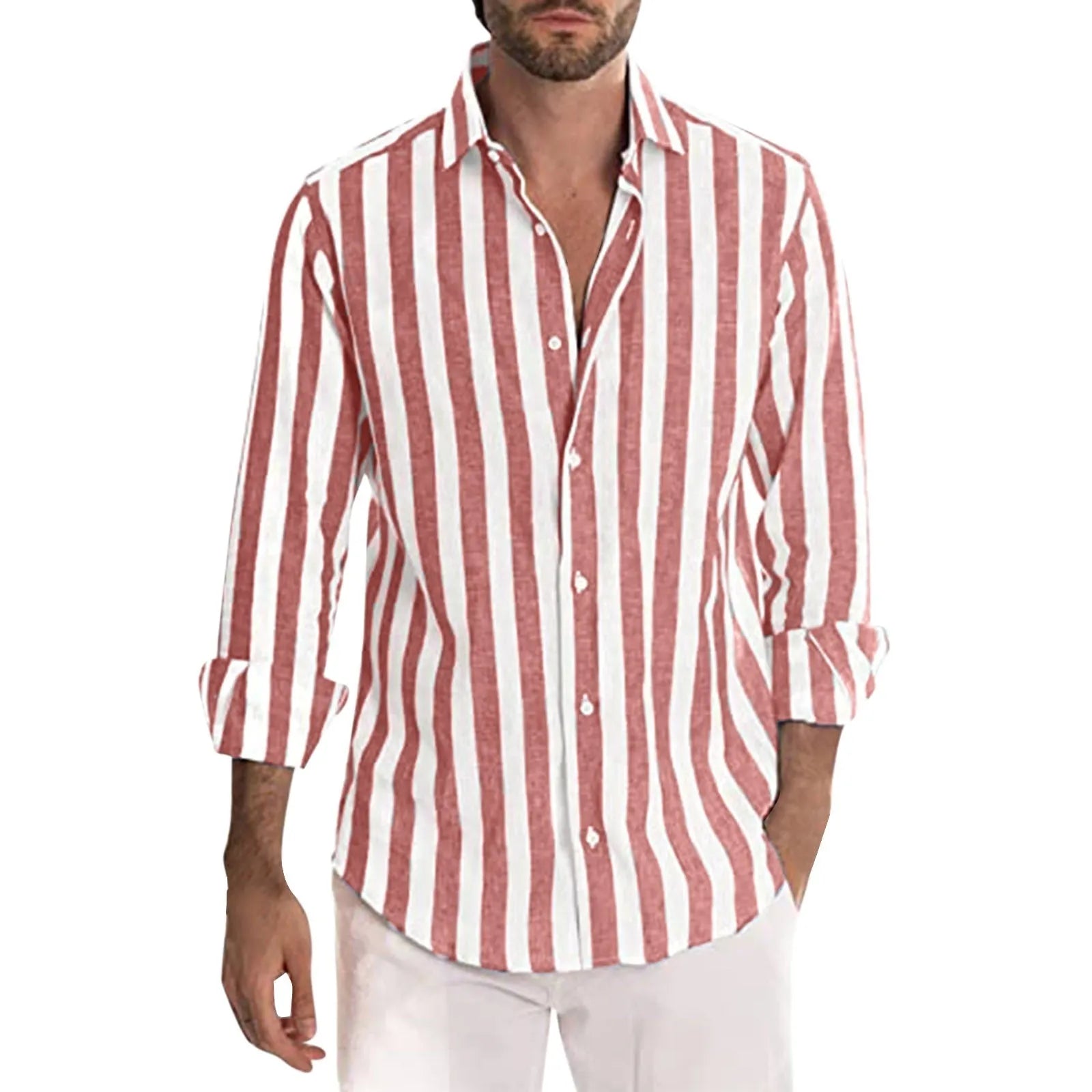 Men's yarn-dyed striped casual shirt in British style cardigan cut with loose fit long sleeves