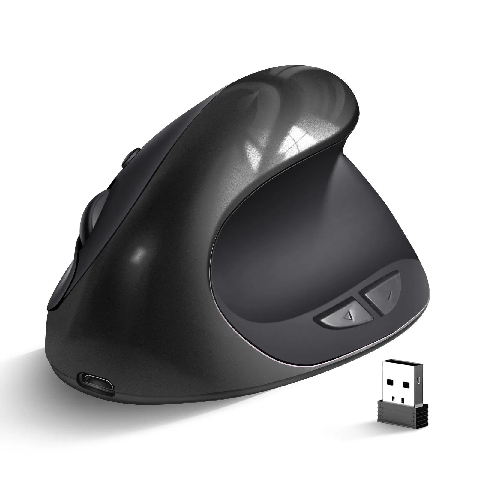 Three Generations wireless vertical ergonomic mouse in black, shown next to a laptop.