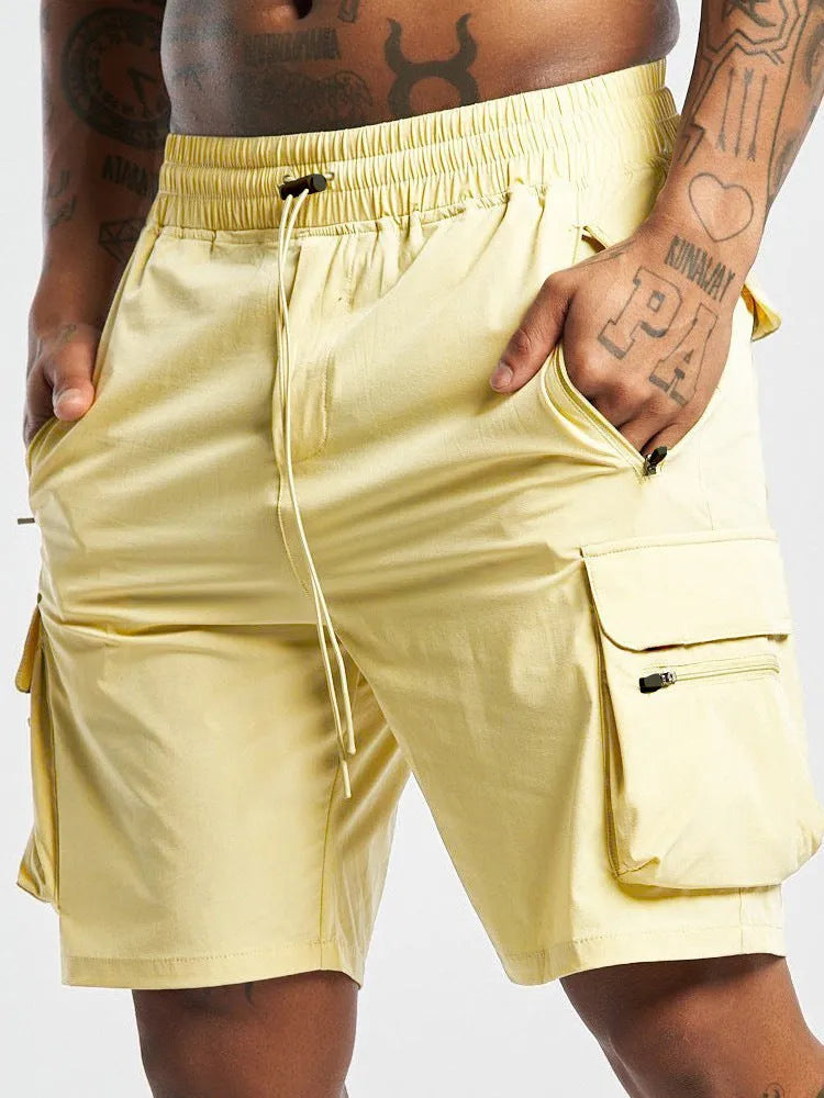 Men's black sports shorts with four-sided elastic fabric and mid waist quick-dry design