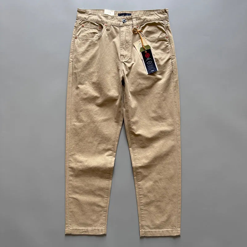 Men's straight-leg cotton trousers in grey, army green, or khaki showing retro casual style.