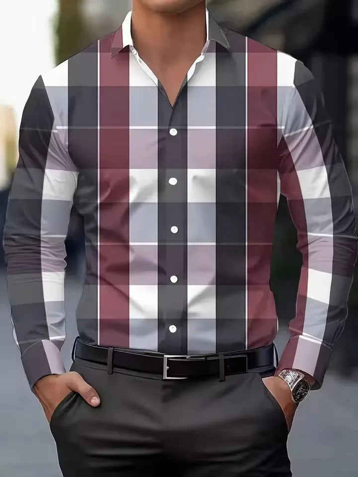 Men's striped long sleeve button-up shirt with lapel collar in polyester fabric