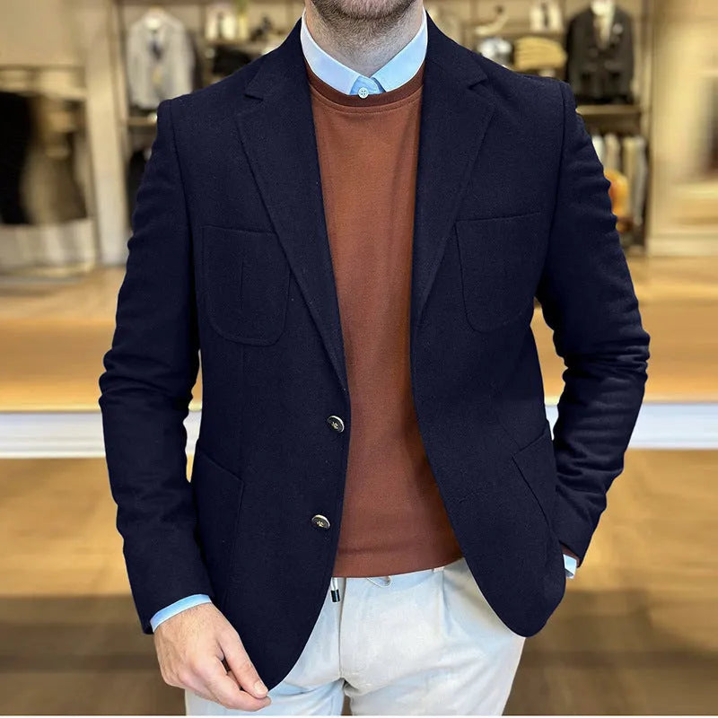 Men's loose-fit cotton tailored blazer in Army Green on a hanger