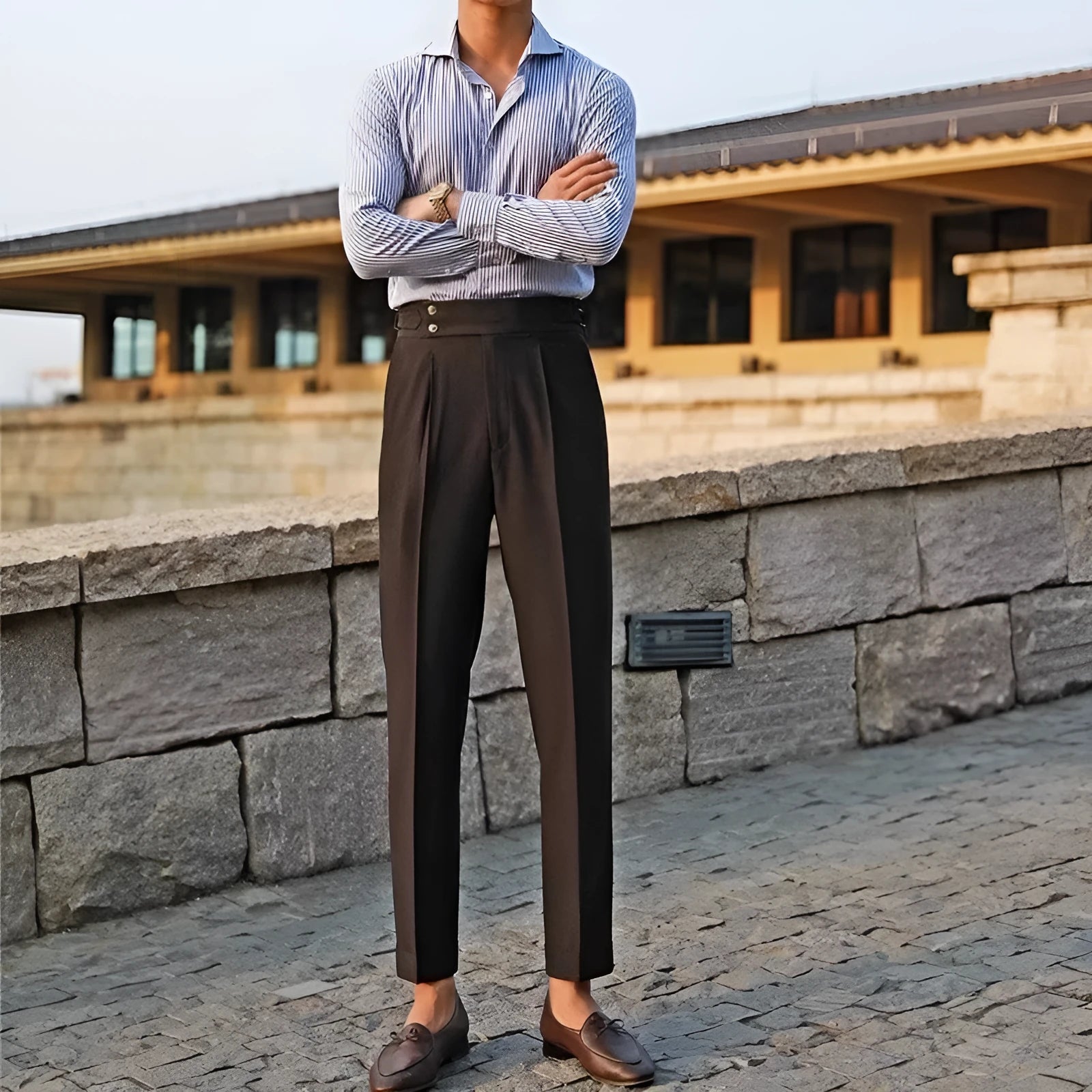 Men's slim fit straight leg formal trousers in apricot, black and white colours.