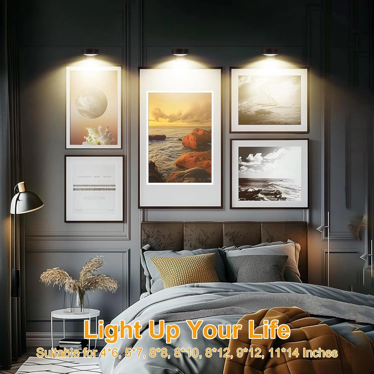 Wireless remote-controlled LED lamp with magnetic belt mount in black, white, or gold finish.