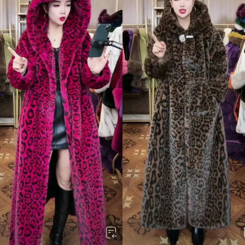 Women's plus size long faux fur coat in brown leopard print colour with 100cm length