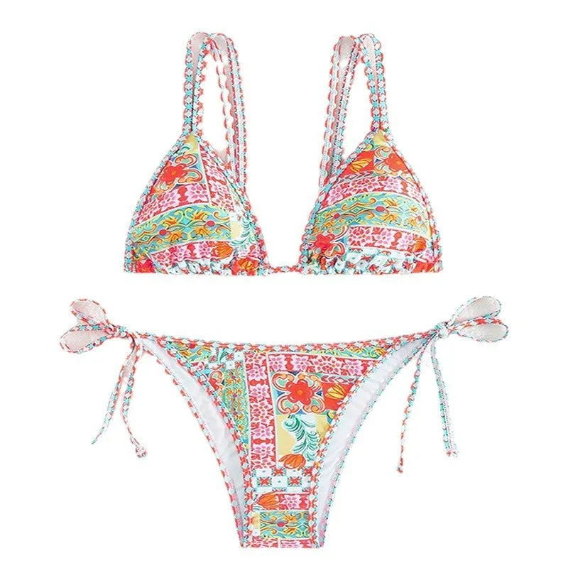 Women's lace-up halter neck bikini set with backless design, in picture colour.