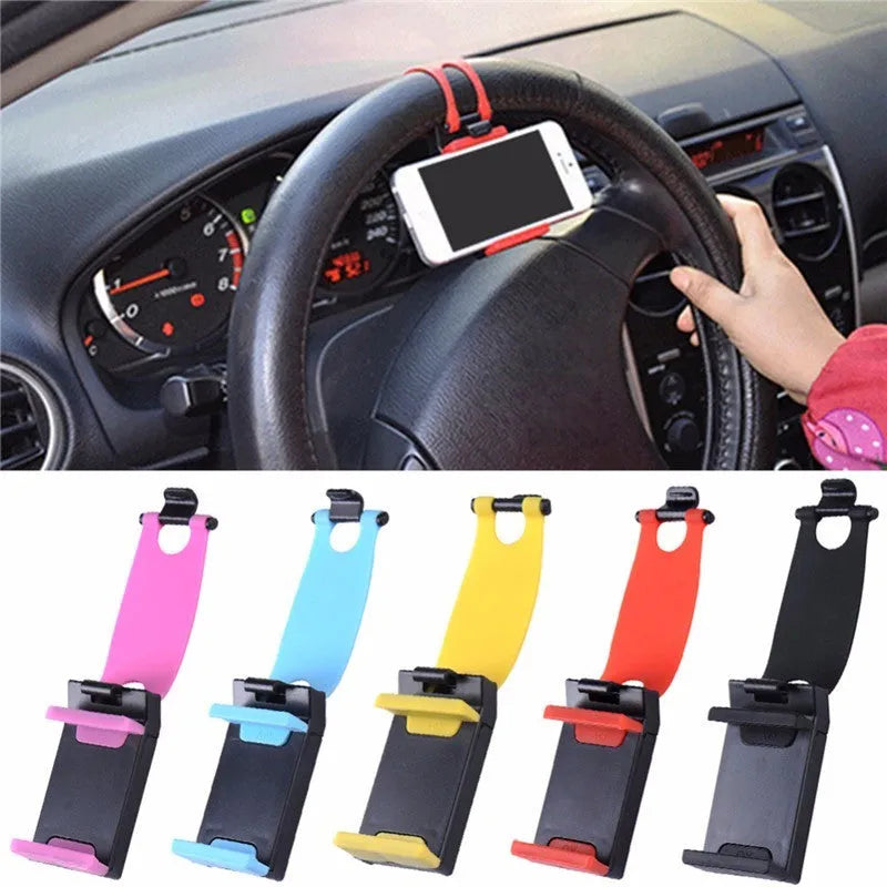 Black steering wheel phone clip mount holding smartphone for car navigation