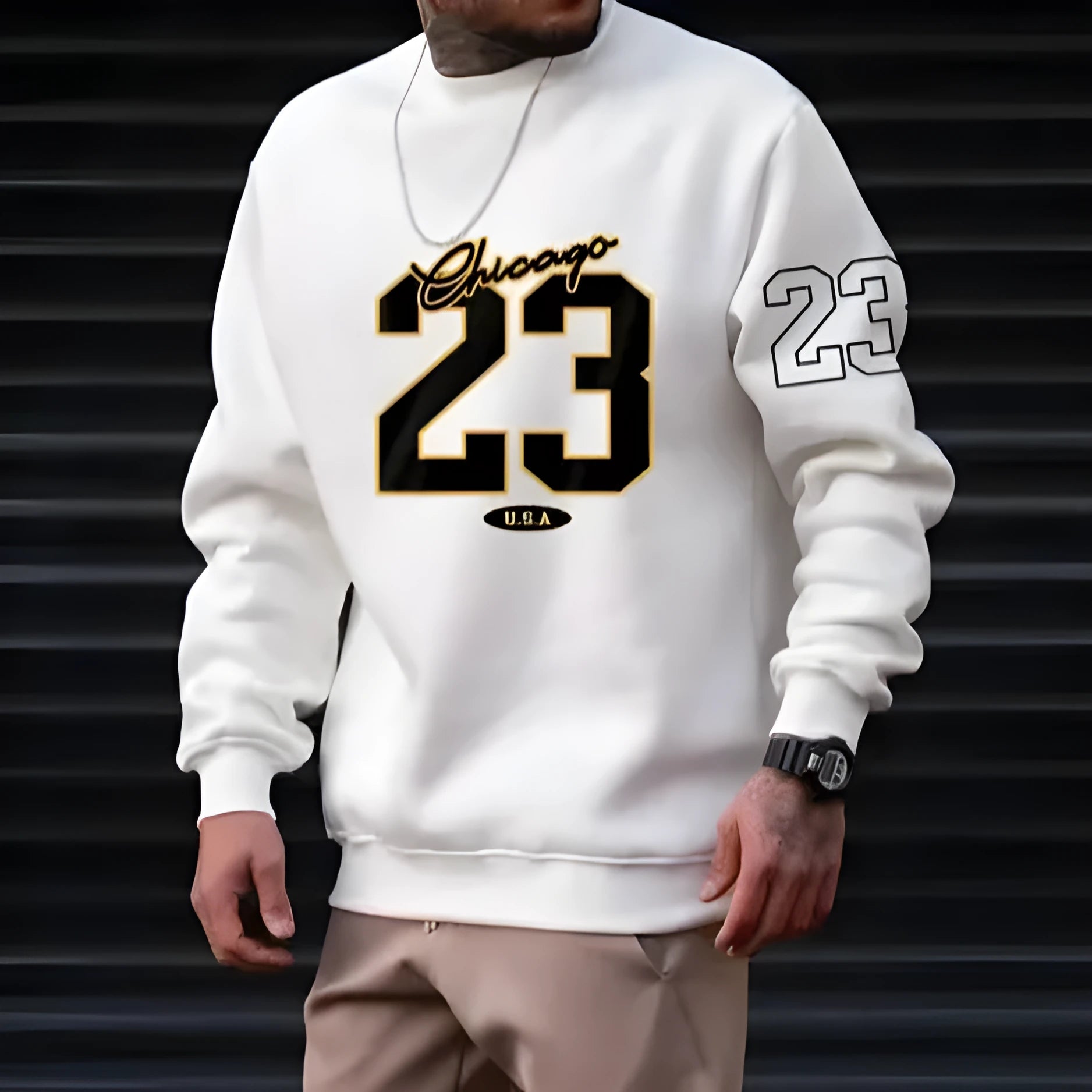 Mens art letter design fleece pullover sweatshirt in apricot polyester fibre
