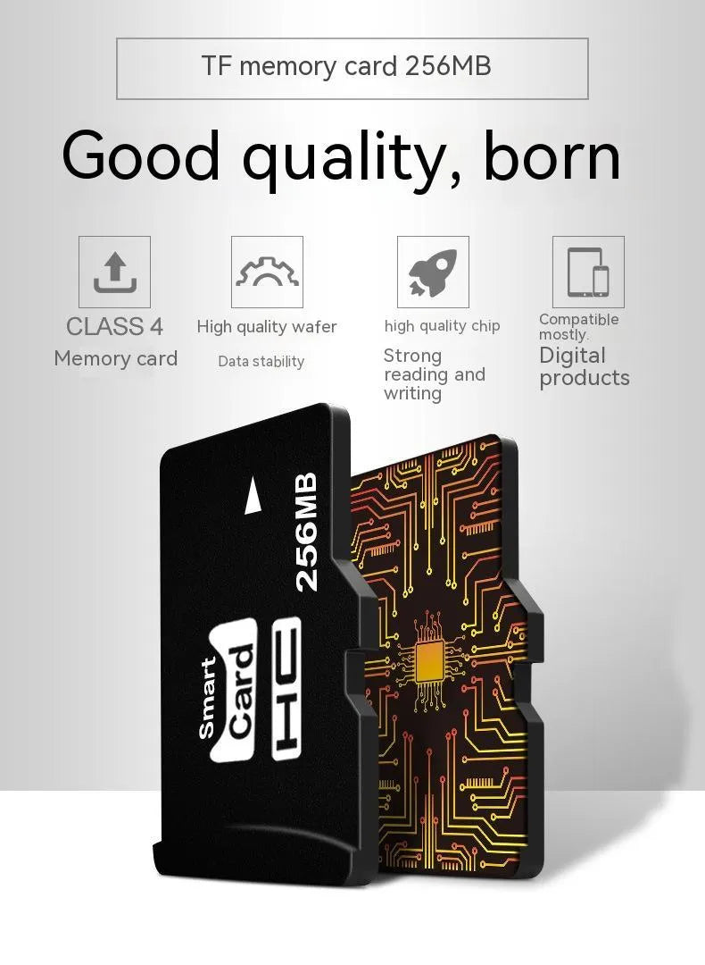 256MB TF memory card on white background, showing compact 11mm by 15mm size.