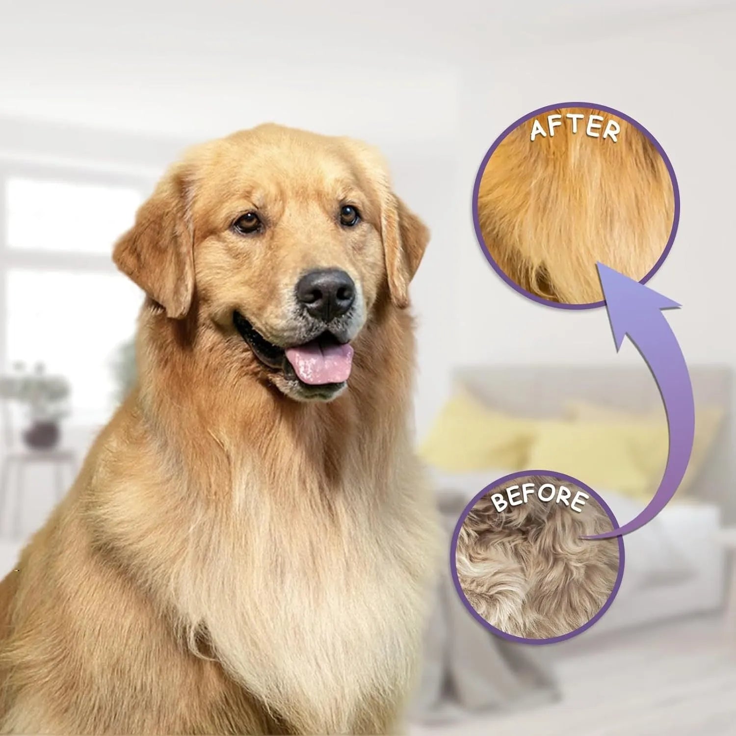Purple pet grooming comb with stainless steel long and short teeth on a purple ergonomic handle.