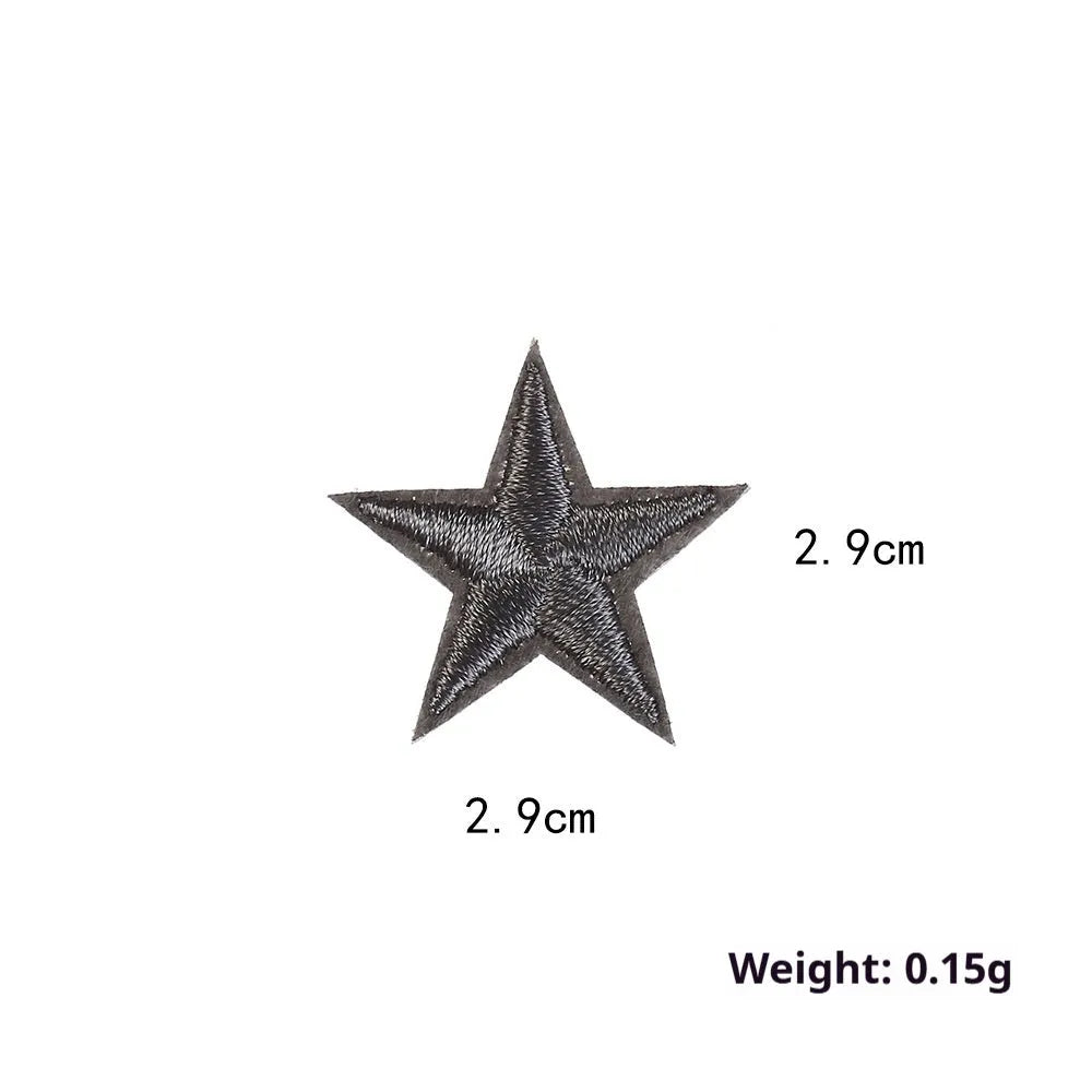 Colourful embroidered five-pointed star designs on cloth sticker labels for DIY clothing customisation.