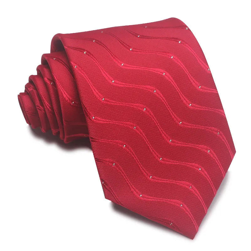 Men's red and black striped polyester jacquard tie with an arrow shape laid flat