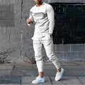 Men's round neck striped sweatshirt suit set with long sleeves and trousers in polyester