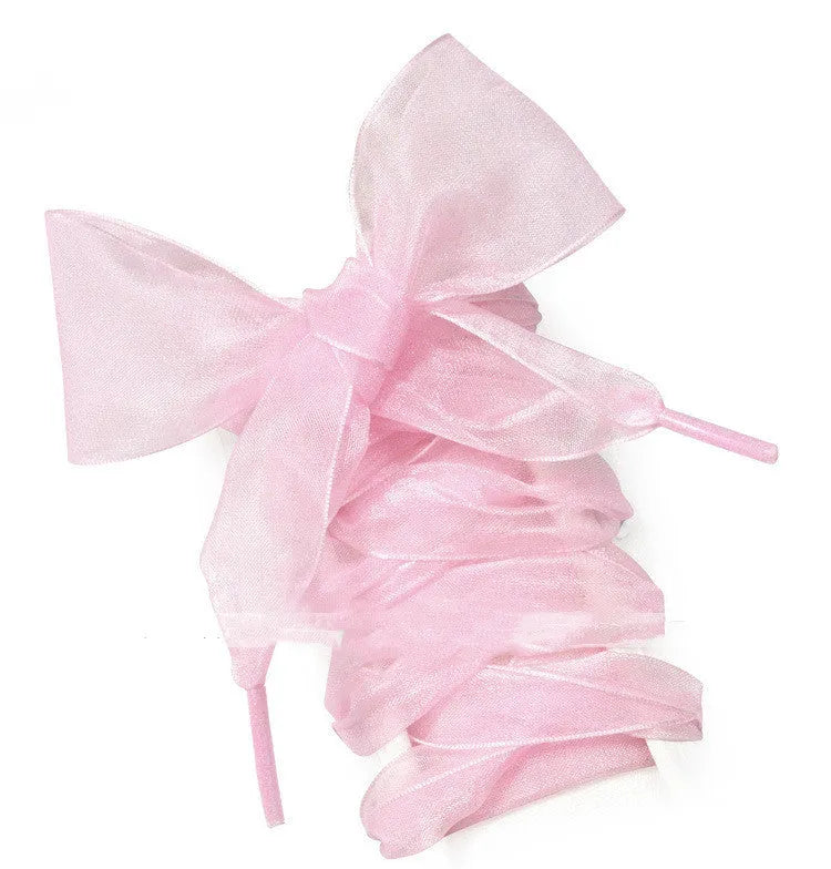 Wide transparent lace shoelaces in multiple solid colours showing 4cm width and length.