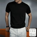 Men's knitted round neck T-shirt in chemical fibre blend with non-ironing treatment