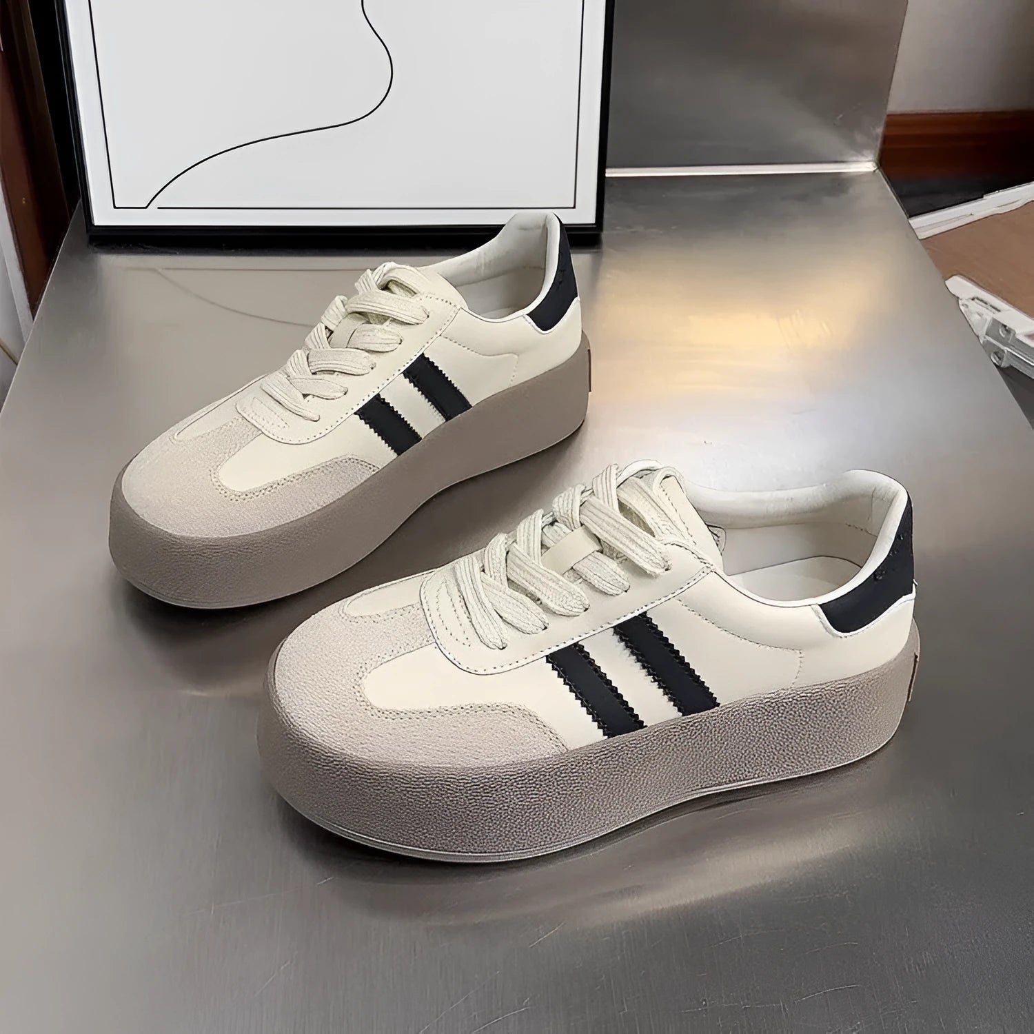 Women's beige distressed leather lace-up sneakers with round toe and rubber sole on a neutral background.