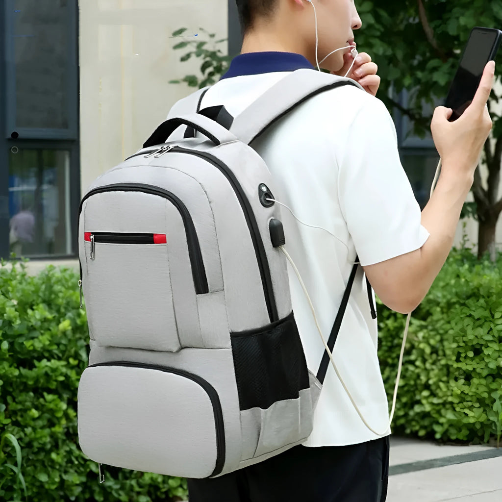 Oxford cloth insulated backpack with curved shoulder straps showing dry-wet separation compartments and pull rod belt accessory