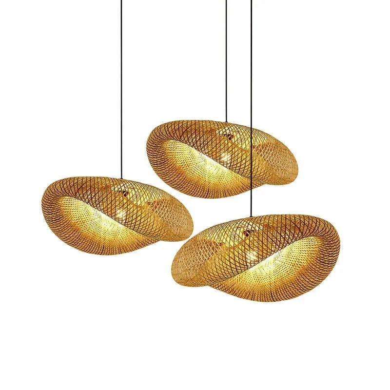 Bamboo straw hat-shaped hanging pendant lamp with natural woven shade for ceiling installation