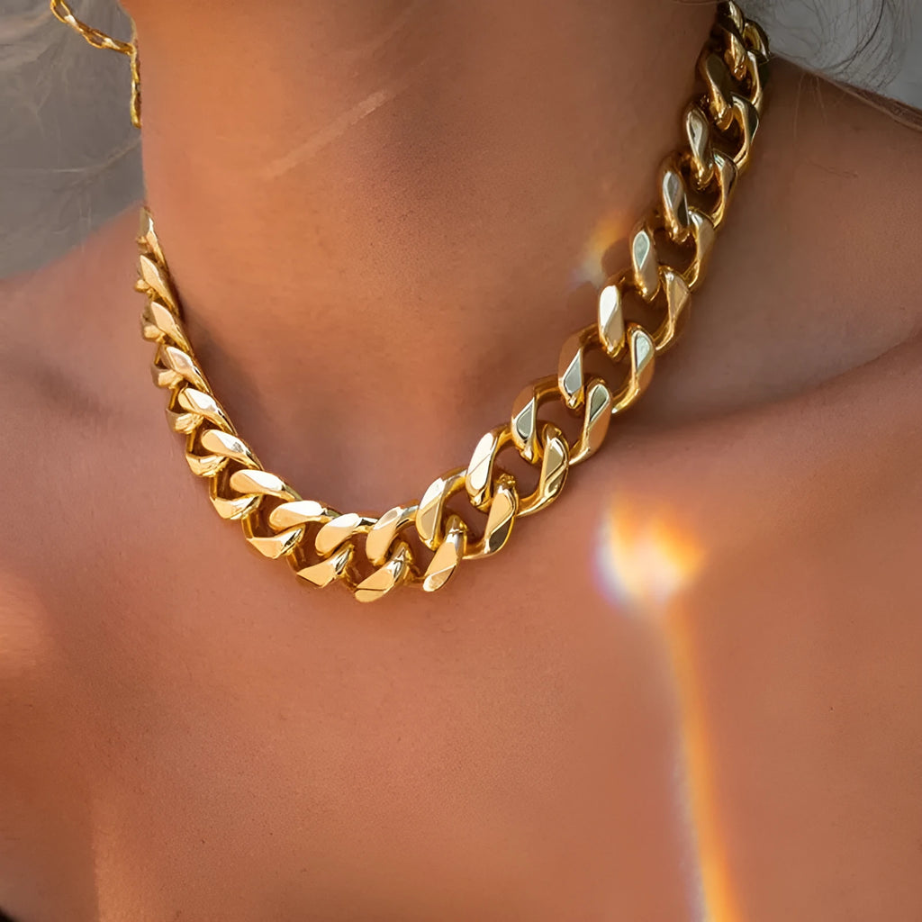 Women's thick gold electroplated chain necklace showing 6cm width links