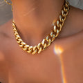 Women's thick gold electroplated chain necklace showing 6cm width links