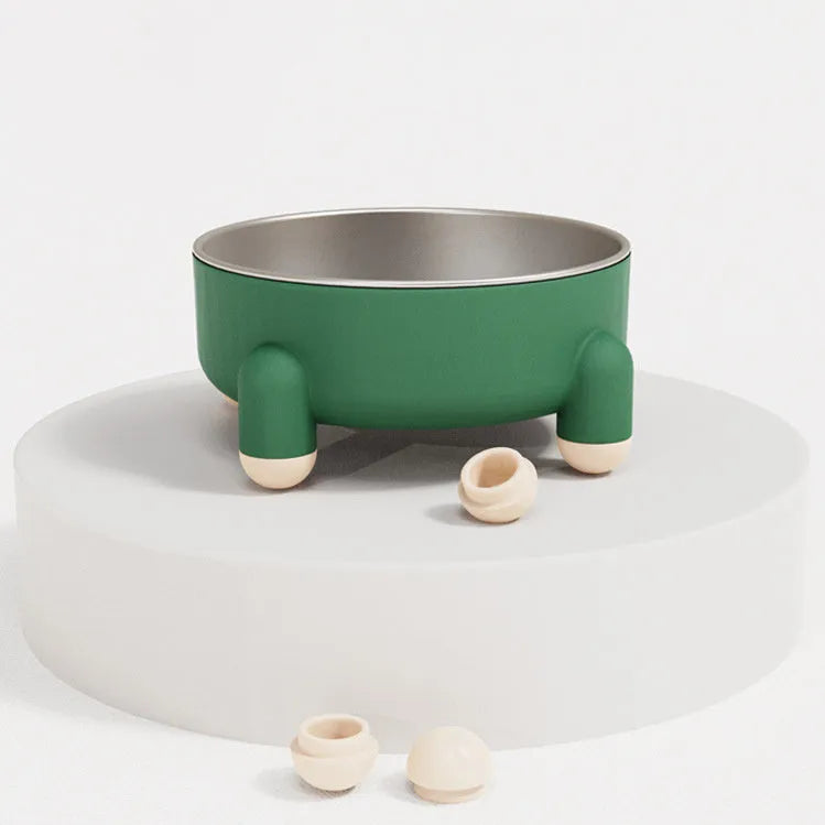 Stainless steel pet bowl with high foot and non-slip base in green, pink, or white colour