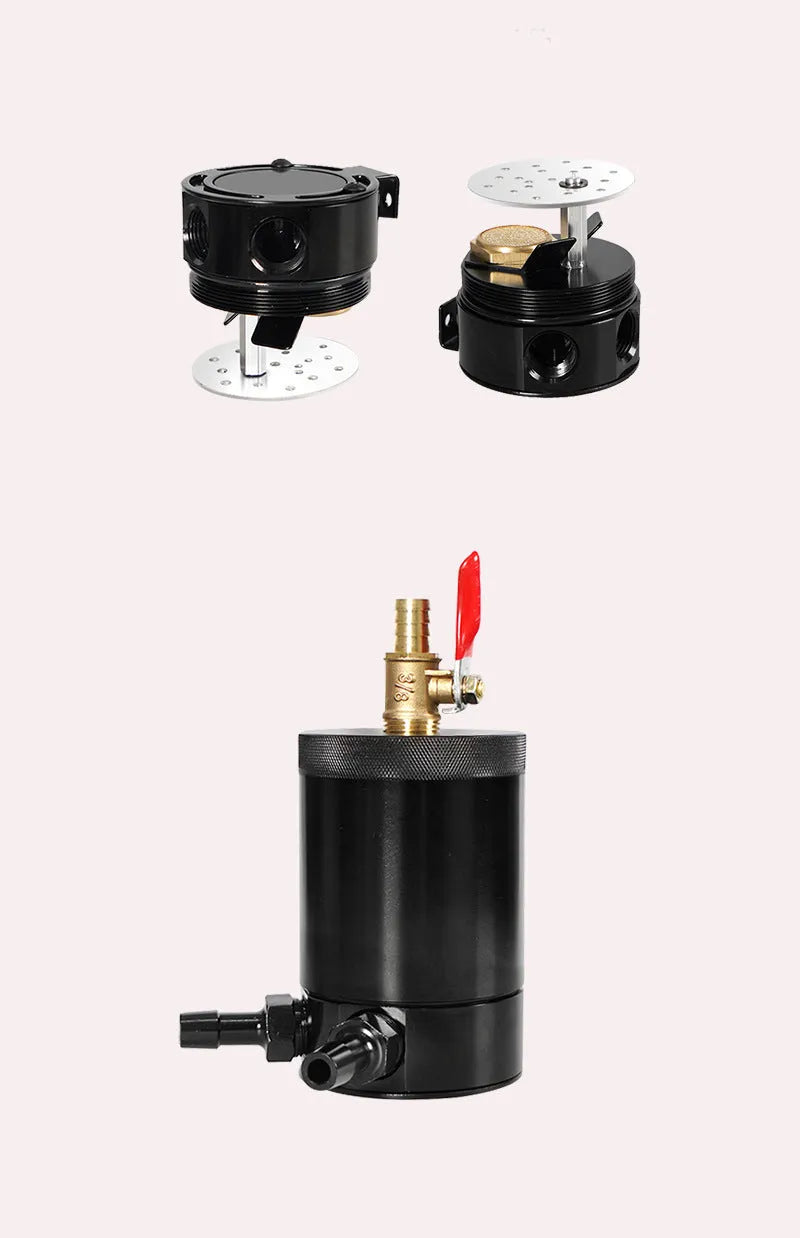 Two-hole aluminium automotive oil can with oil drain valve and connectors for vehicle maintenance
