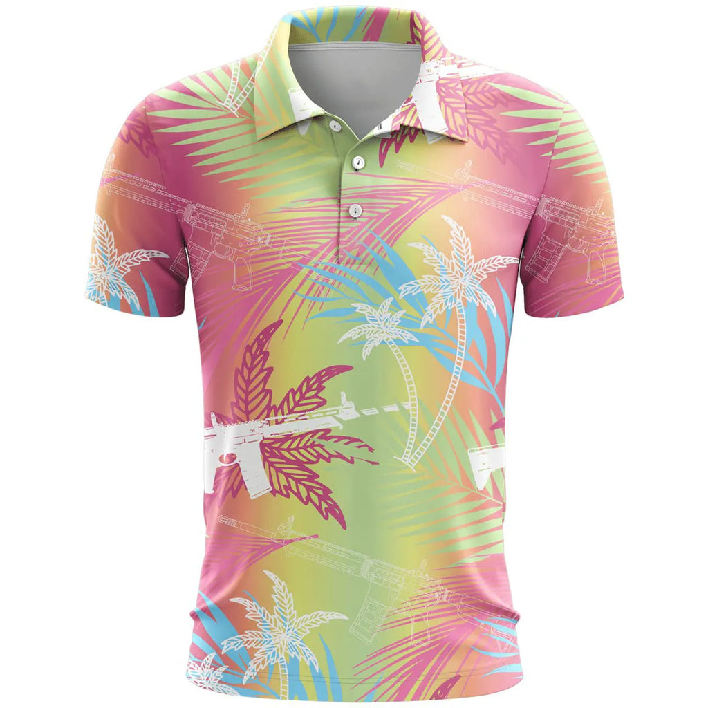 3D printed pattern sports short sleeve loose fit top in bird eye polyester fabric on a hanger.