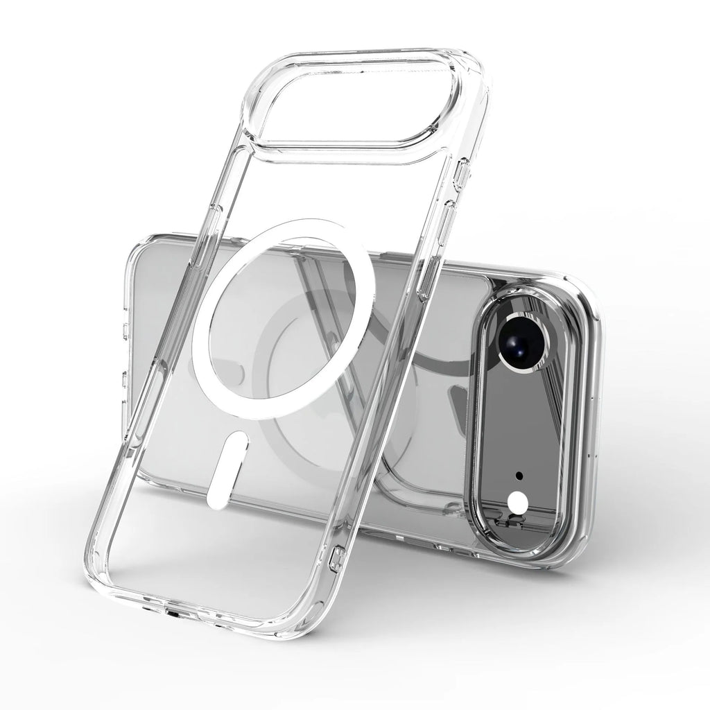 Transparent magnetic phone case for iPhone 17 Pro showing clear TPU construction with magnetic rings visible