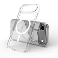 Transparent magnetic phone case for iPhone 17 Pro showing clear TPU construction with magnetic rings visible