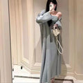 Grey women's knitted cardigan and long dress suit set with flocking detail.