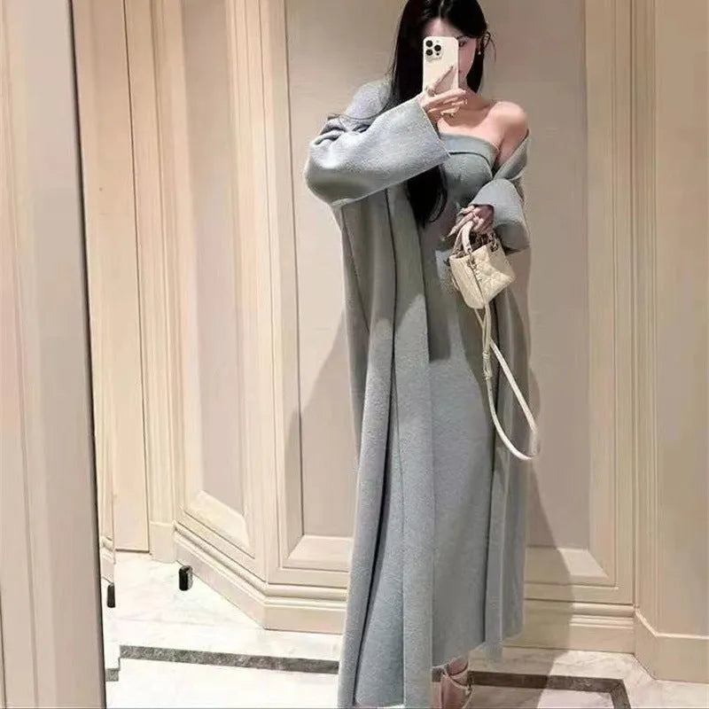 Grey women's knitted cardigan and long dress suit set with flocking detail.