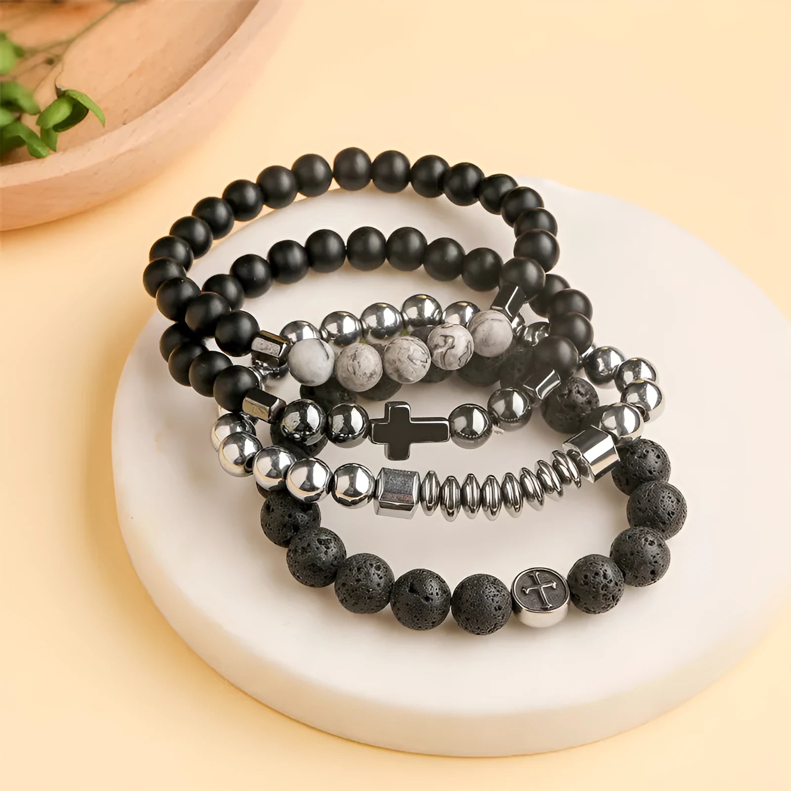 Men's stainless steel bracelet with a large 19mm geometric bead of Volcano-colour agate stone.