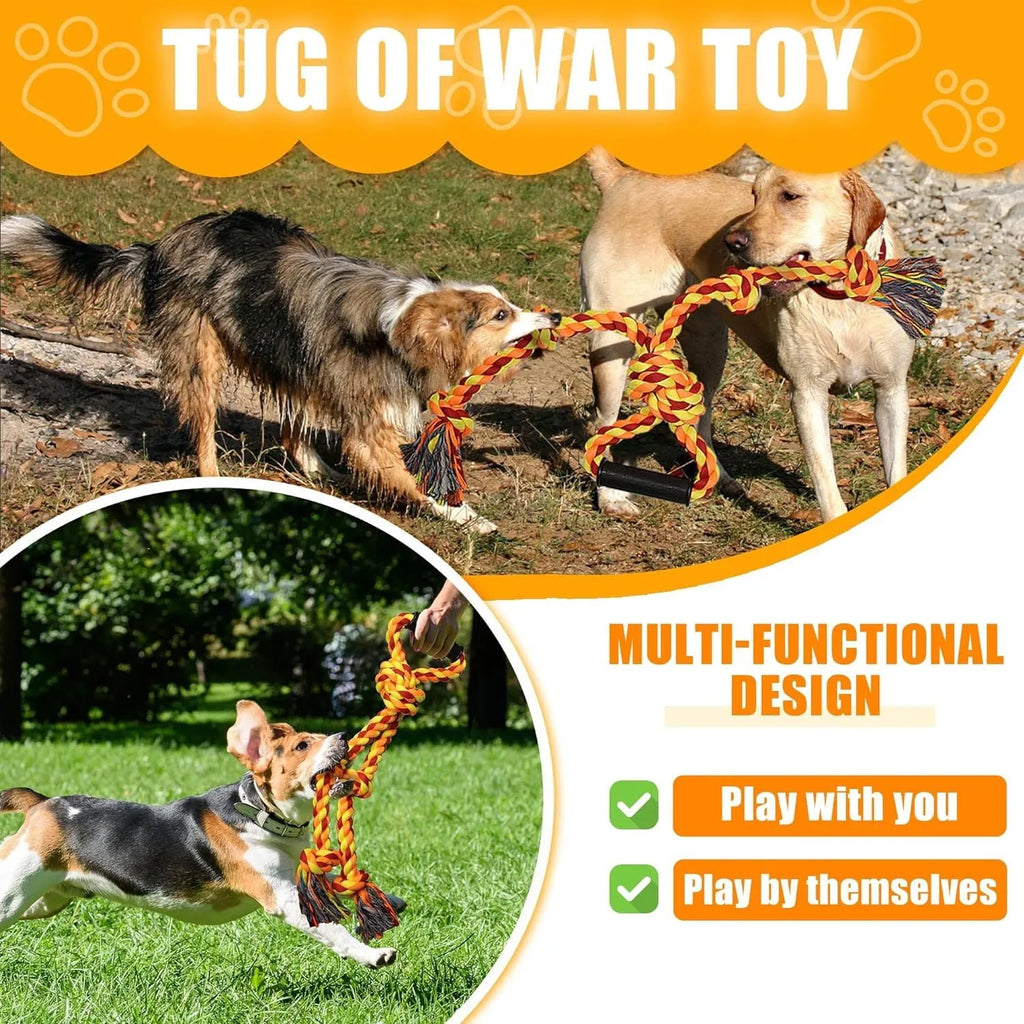 Blue and yellow heavy-duty cotton rope tug toy for large dogs with an ergonomic handle.