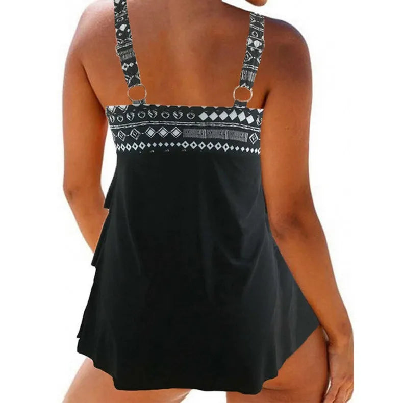 Women's plus size double shoulder strap swimsuit with a bow, in picture colour.