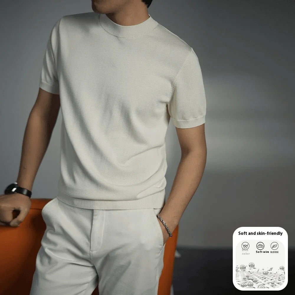 Men's knitted round neck T-shirt in chemical fibre blend with non-ironing treatment