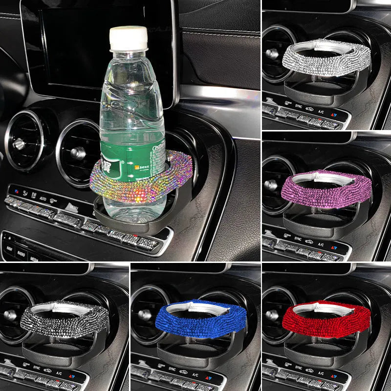 White diamond decorated ABS plastic car vent cup holder mounted in a car air vent.
